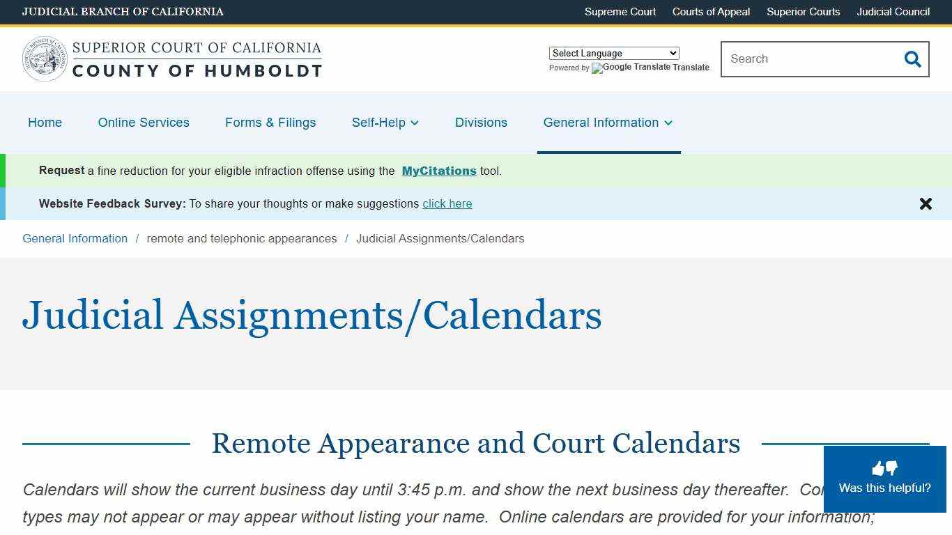Judicial Assignments/Calendars Superior Court of California County of Humboldt